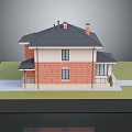 Two Story House With Red Brick Exterior Light Colored Walls And Dark Roof