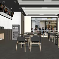 Bright Modern Restaurant Interior With Open Dining Area Wooden Ceiling And Menu Posters