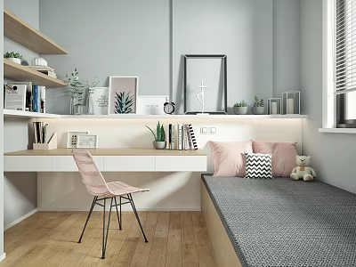 Tatami Bedroom Interior Design With Bookshelf Desk Pink Chair Plants And Decorative Pillows 3d model