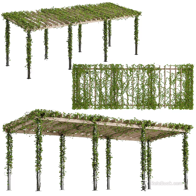Lush Green Vines Covered Pergola And Garden Fence For Outdoor Decoration 3d model 