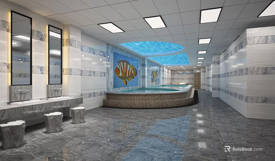 Luxurious SPA Sauna Interior Design With Marble Tiles Relaxing Pool And Colorful Mural 3d model 