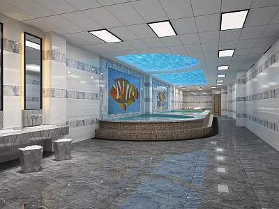 Luxurious SPA Sauna Interior Design With Marble Tiles Relaxing Pool And Colorful Mural 3d model