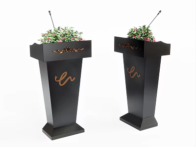 Two Black Functional Desks With Decorative Patterns Lr Letters Flowers And Microphones 3d model