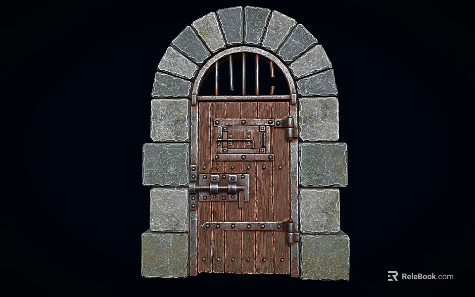Medieval Stone Arch Door Structure With Wooden Panel Iron Bars And Metal Hinges 3d model 