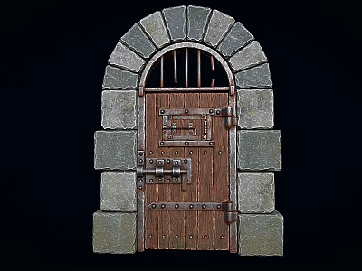 Medieval Stone Arch Door Structure With Wooden Panel Iron Bars And Metal Hinges 3d model