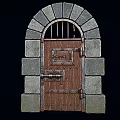 Medieval Stone Arch Door Structure With Wooden Panel Iron Bars And Metal Hinges