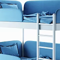 Modern Blue Bunk Bed With White Ladder Cozy Mattress And Soft Pillows