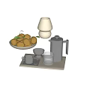 Decorative Ornament Set With Lemon Bowl Pink Lamp Silver Kettle Glass Cup And Beige Tray