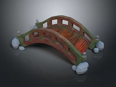 Traditional Red Wooden Bridge Structure With Stone Supports And Curved Design 3d model