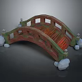 Traditional Red Wooden Bridge Structure With Stone Supports And Curved Design