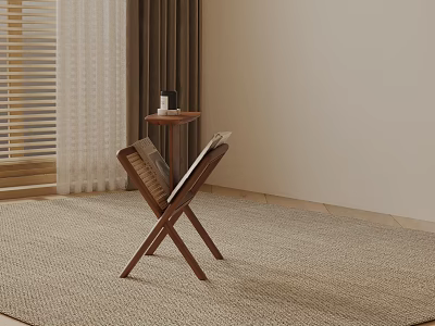Wooden Side Table With Magazine And Folding Chair On Beige Rug In Minimalist Room 3d model