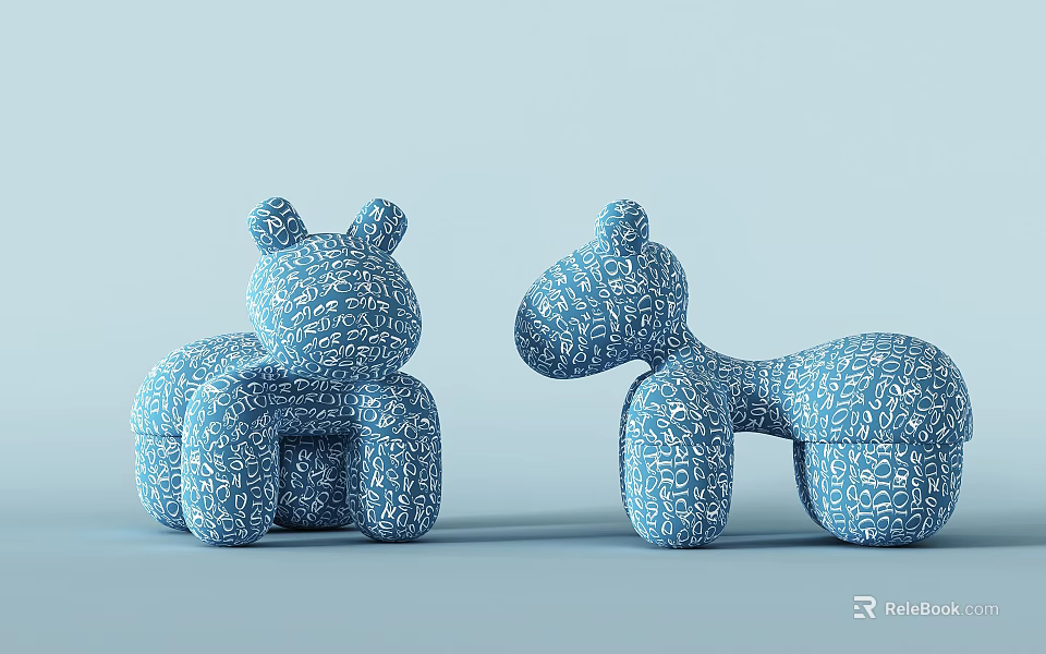 Blue Letter Patterned Children's Chairs Bear And Giraffe Shaped Kids Seating 3d model