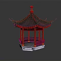 Traditional Chinese Pavilion With Red Pillars Black Tiled Roof Red Finial And Carved Railings