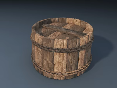 Traditional Round Wooden Barrel With Rope Wrapped Design And Natural Wood Grain 3d model