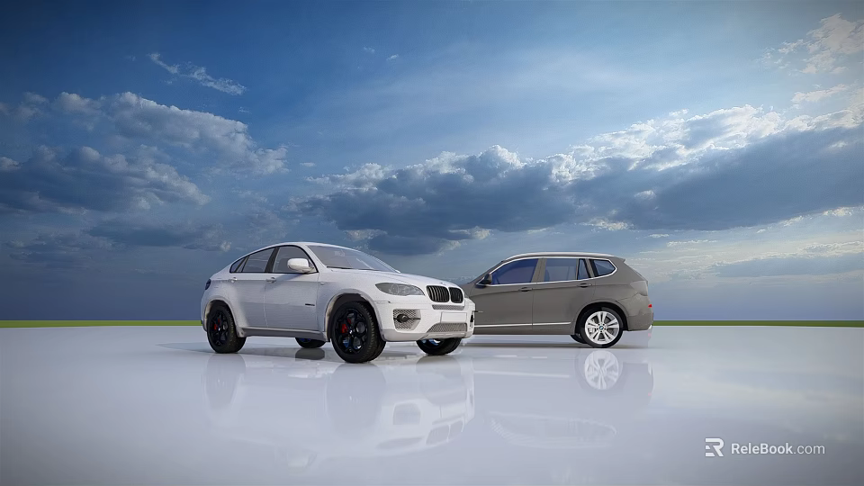 Two White And Silver Cars Parked In Open Field With Blue Sky And Clouds 3d model 