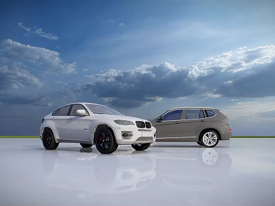 Two White And Silver Cars Parked In Open Field With Blue Sky And Clouds 3d model