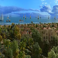 Tropical Garden Landscape With Palm Trees Sailboats On Sea Buildings Blue Sky White Clouds