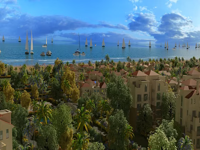 Tropical Garden Landscape With Palm Trees Sailboats On Sea Buildings Blue Sky White Clouds 3d model