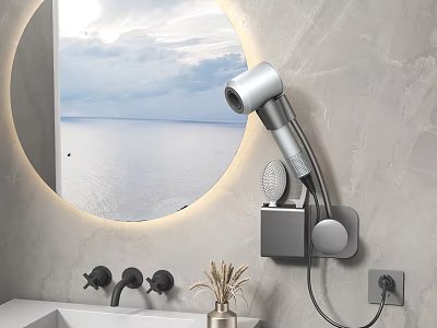 Modern Bathroom Interior With Wall Mounted Silver Hair Dryer Round Mirror And Sea View 3d model