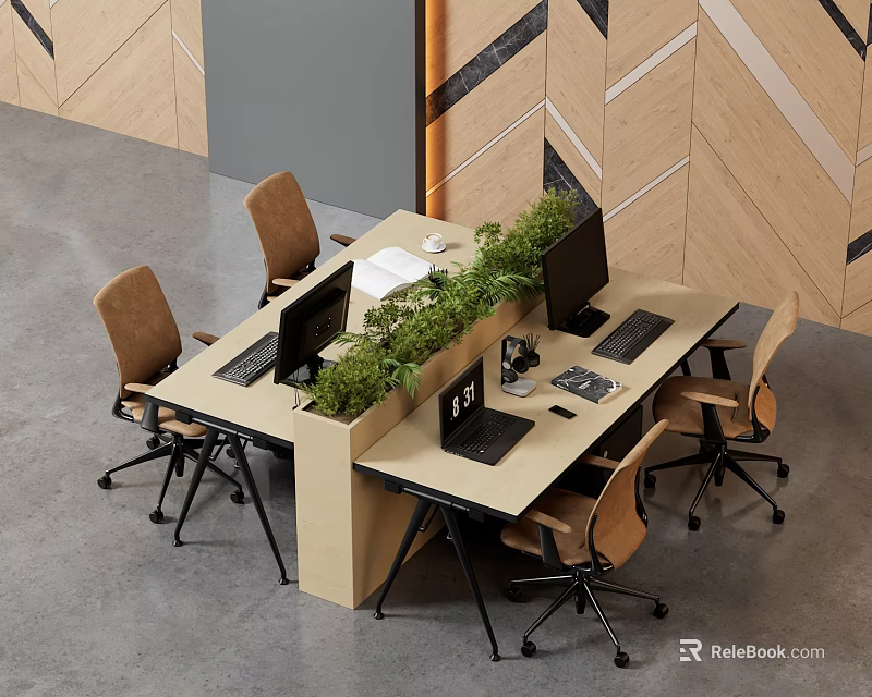 Modern Office Desk Setup With Green Plants Computer Monitors And Office Chairs 3d model 