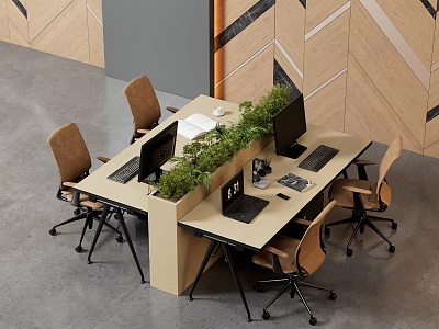 Modern Office Desk Setup With Green Plants Computer Monitors And Office Chairs 3d model