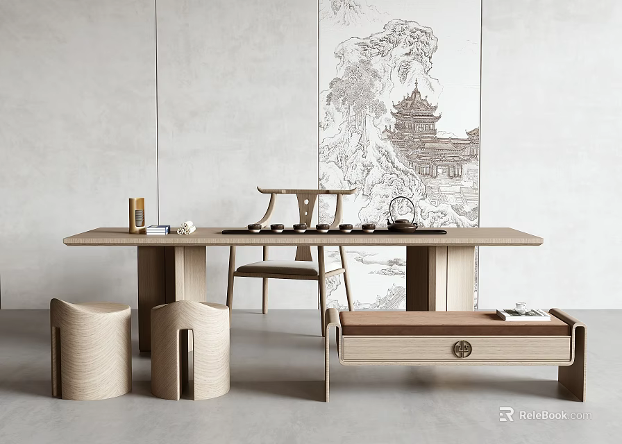Modern Wooden Tea Table and Chairs with Simple Design and Background Art for Home 3d model 