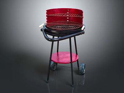 Sturdy Red Outdoor Grill Equipment with Rolling Wheels and Lower Storage Shelf Stand 3d model