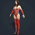 Game And Movie Female Character In Red Black Bodysuit With Silver Armor Accents