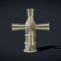 Detailed Vintage Windmill Model With Stone Tower And Wooden Blades Structure
