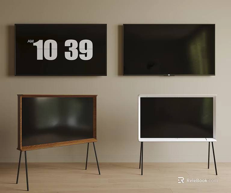 Wall Mounted TV Displaying Time And Stand TVs In Interior With Wooden White Frames 3d model 