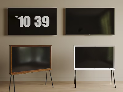 Wall Mounted TV Displaying Time And Stand TVs In Interior With Wooden White Frames 3d model