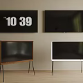 Wall Mounted TV Displaying Time And Stand TVs In Interior With Wooden White Frames 3d model