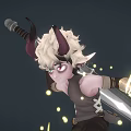 Anime Style Game Character With Horns And Flaming Sword In Action Pose