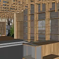 Modern Restaurant Interior With Wooden Structure Glass Windows Seating And Green Plants
