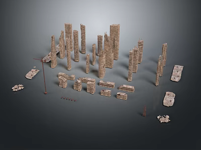 Ancient Style Stone Architectural Components With Various Columns Blocks And Detailed Parts Arranged On Gray Background 3d model