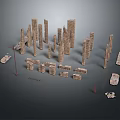 Ancient Style Stone Architectural Components With Various Columns Blocks And Detailed Parts Arranged On Gray Background
