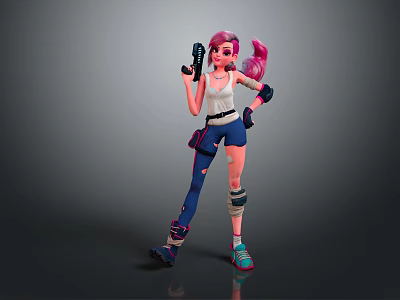 Pink Haired Female Character Holding Gun Wearing White Tank Top And Blue Ripped Pants 3d model