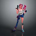 Pink Haired Female Character Holding Gun Wearing White Tank Top And Blue Ripped Pants