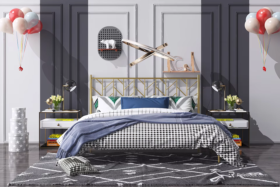 Double Bed Gold Headboard Blue Checkered Bedding Green Pillows Side Tables Lamps Striped Wall 3d model 