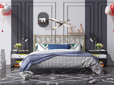 Double Bed Gold Headboard Blue Checkered Bedding Green Pillows Side Tables Lamps Striped Wall 3d model