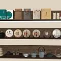 Traditional Tea Sets Display on Wooden Shelves with Ceramic Teapots Tea Cakes and Tea Canisters