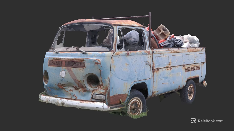 Old Blue Rusty Worn Truck Loaded With Various Items In Back 3d model