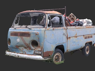 Old Blue Rusty Worn Truck Loaded With Various Items In Back 3d model