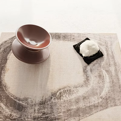 Square Rug Displaying Decorative Bowl And Black Mat With White Accent 3d model