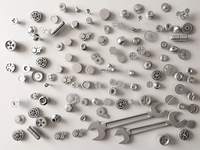 Various Mechanical Parts Collection Including Gears Wrenches Bolts and Nuts on White Surface 3d model