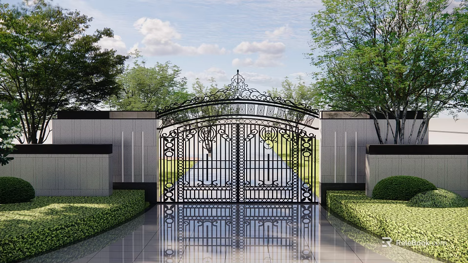 Building Exterior Wall With Ornate Iron Gate Lush Green Plants And Cloudy Sky 3d model 