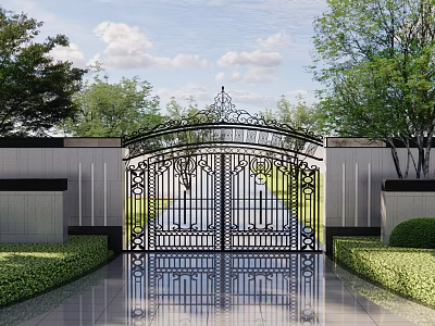 Building Exterior Wall With Ornate Iron Gate Lush Green Plants And Cloudy Sky 3d model