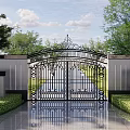 Building Exterior Wall With Ornate Iron Gate Lush Green Plants And Cloudy Sky