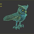 Detailed Shiny Owl 3D Model With Blue Orange Feathers Red Eyes Standing Pose