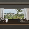 Cozy Home Balcony With Large Window Potted Tree Comfortable Chair And Mountain View